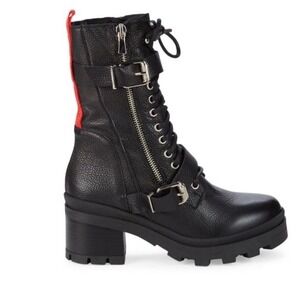 Charles David Black Combat Boots with Red Heel Tab Accent